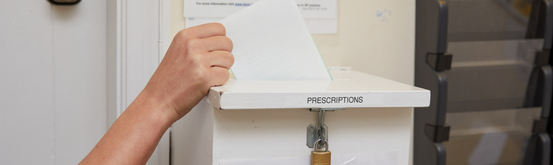 A photo showing a prescription box in reception